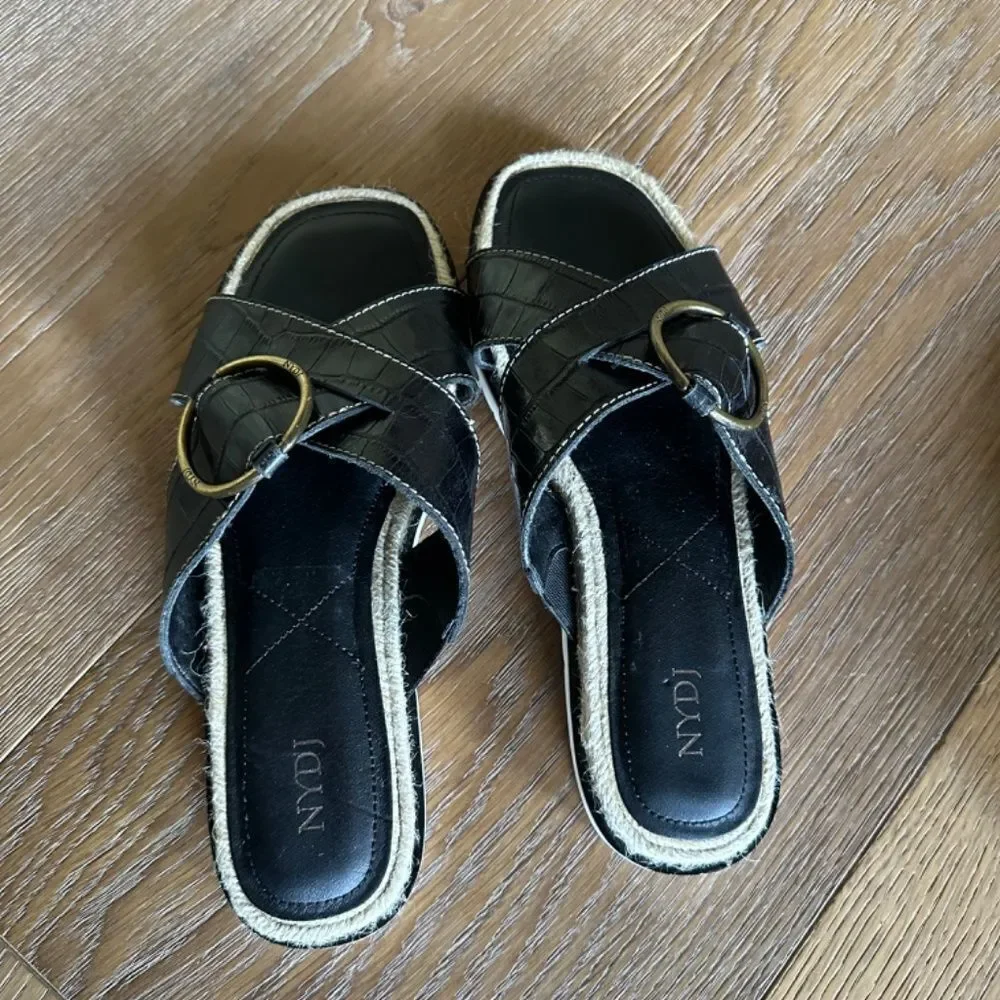 NYDJ Ross Slide Sandal Black Leather Crisscross Comfort Size 8 NEW
